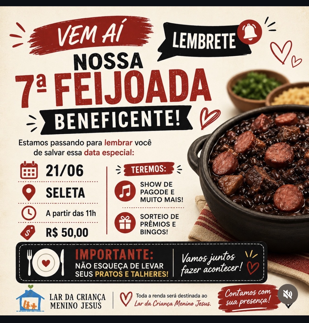 7ª Feijoada Beneficente do Lar da Criança Menino Jesus acontece no dia 21 de junho em Seleta